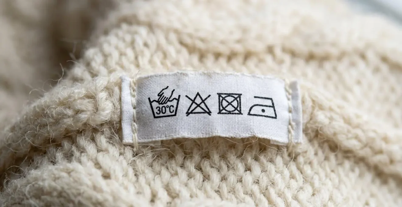 Gros plan sur une étiquette d'entretien textile cousue dans un pull en maille avec les symboles de lavage délicats clairement visibles