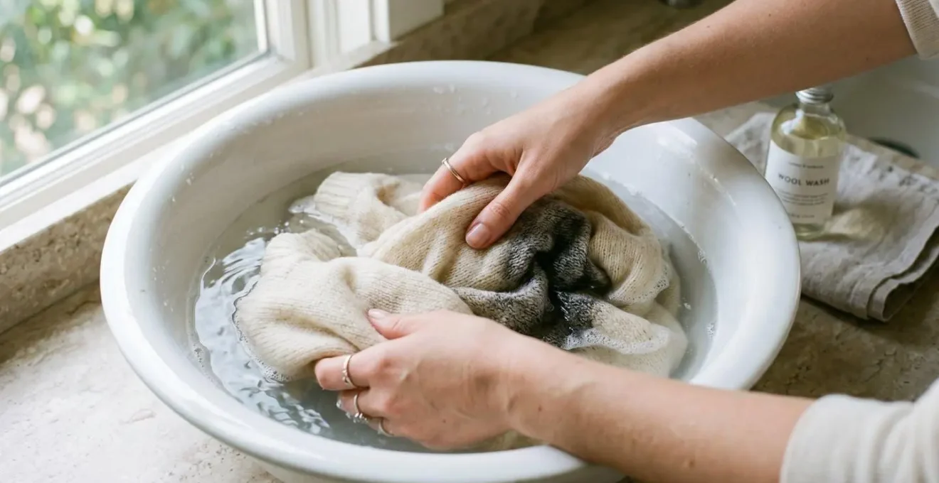 Paire de mains lavant délicatement un pull en laine mérinos dans une bassine d'eau froide avec du savon doux