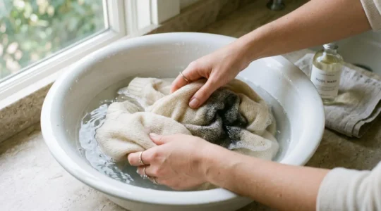 Paire de mains lavant délicatement un pull en laine mérinos dans une bassine d'eau froide avec du savon doux