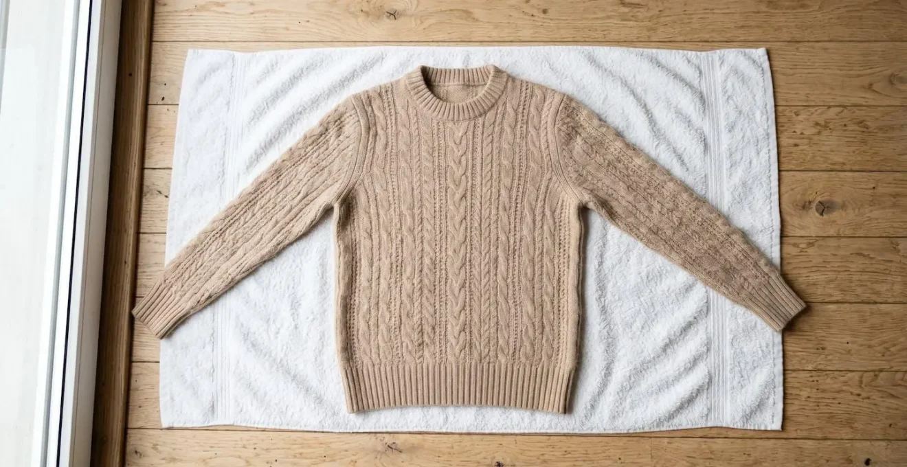 Pull en maille cachemire beige posé à plat sur une serviette éponge blanche pour sécher à l'horizontale sur une table en bois