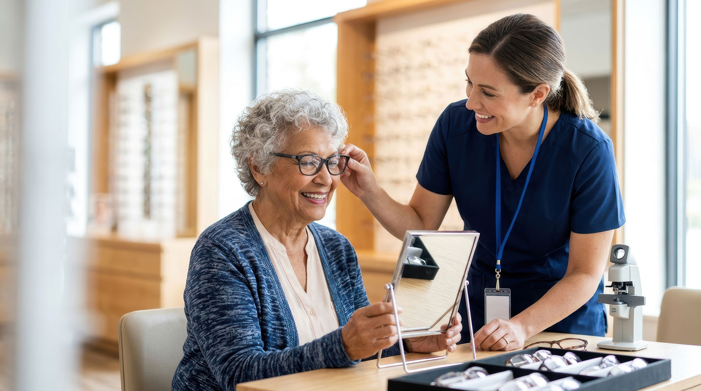 Comptoir d'opticien avec documentation de garantie et outils de maintenance disposés de façon organisée dans un environnement professionnel moderne