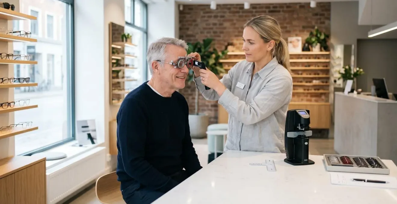 Opticien professionnel prenant des mesures précises sur une cliente dans un magasin d'optique contemporain avec équipements de mesure spécialisés