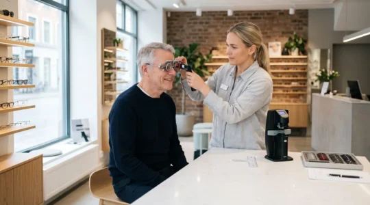 Opticien professionnel prenant des mesures précises sur une cliente dans un magasin d'optique contemporain avec équipements de mesure spécialisés